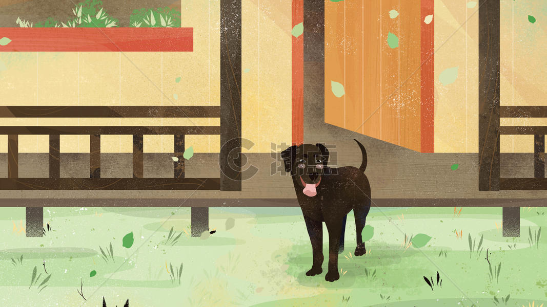 小清新狗狗站在院子宠物插画图片素材免费下载