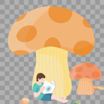 创意手绘少年在蘑菇下读书人物形象图片素材免费下载