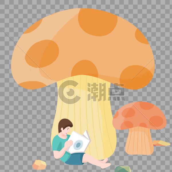 创意手绘少年在蘑菇下读书人物形象图片素材免费下载