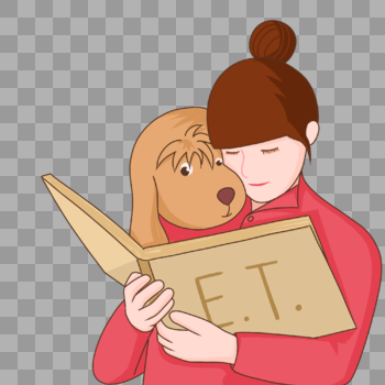 手绘少女与宠物一起读书人物形象图片素材免费下载