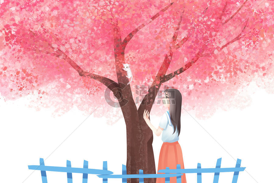 樱花树下的少女图片素材免费下载