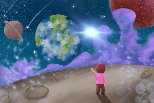 星空中小男孩伸手触摸地球图片素材免费下载