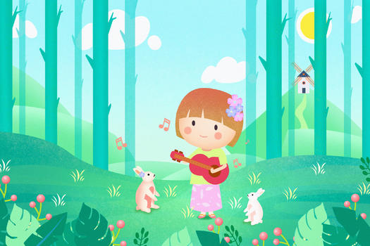 春天里玩耍弹琴的小女孩图片素材免费下载