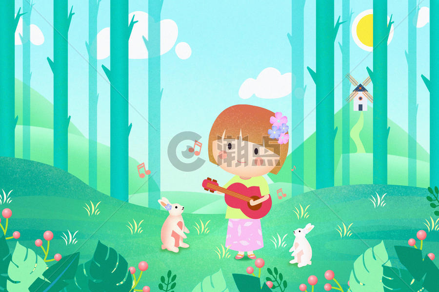 春天里玩耍弹琴的小女孩图片素材免费下载