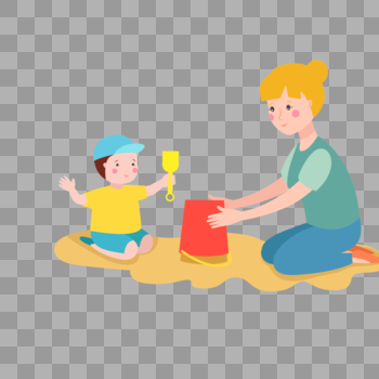 手绘妈妈和孩子玩沙子元素图片素材免费下载