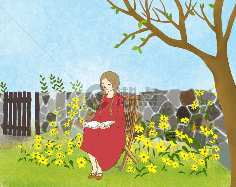 花园看书的女孩gif图片素材免费下载