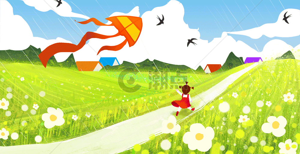 春天放风筝的小女孩gif图片素材免费下载