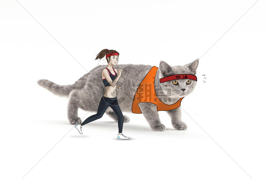 卡通人物和小猫锻炼身体摄影插画图片素材免费下载