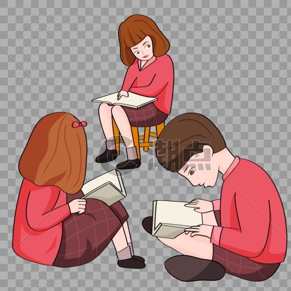 手绘三个小朋友坐着阅读图片素材免费下载