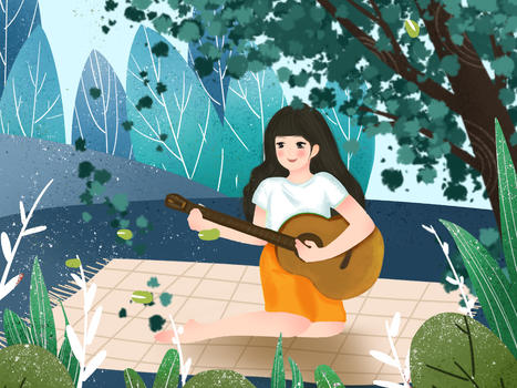 小清新风格插画春天在郊外弹琴的少女图片素材免费下载