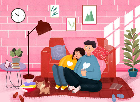 小清新之情侣居家生活插画图片素材免费下载