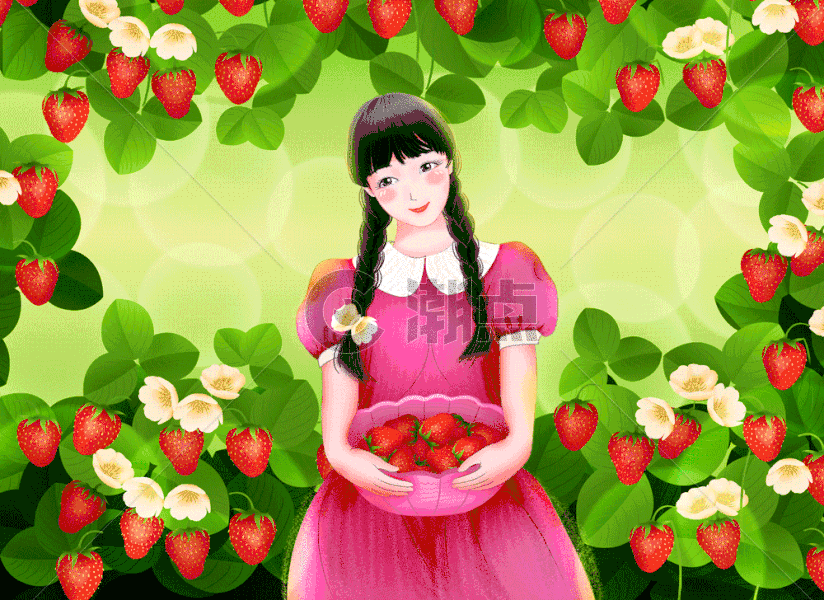 摘草莓的女孩gif图片素材免费下载