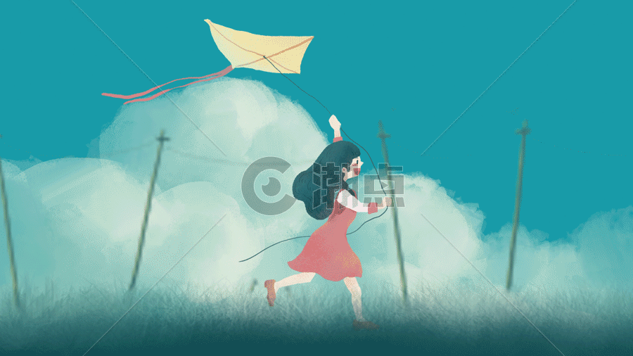春天郊游放风筝插画gif图片素材免费下载