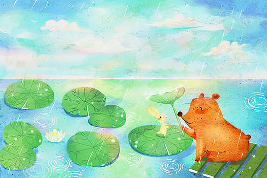 春天下雨的荷花湖小兔和小熊玩耍图片素材免费下载