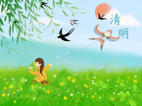 小清新风格节气插画清明节外出放风筝的小女孩图片素材免费下载