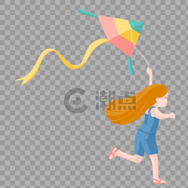 手绘少女奔跑放风筝图片素材免费下载