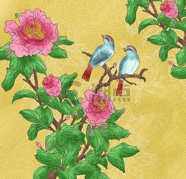 中国风牡丹花卉小鸟图图片素材免费下载