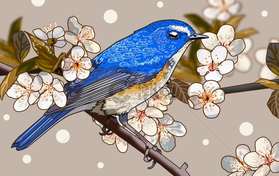 国风之蓝色的鸟儿与花图片素材免费下载