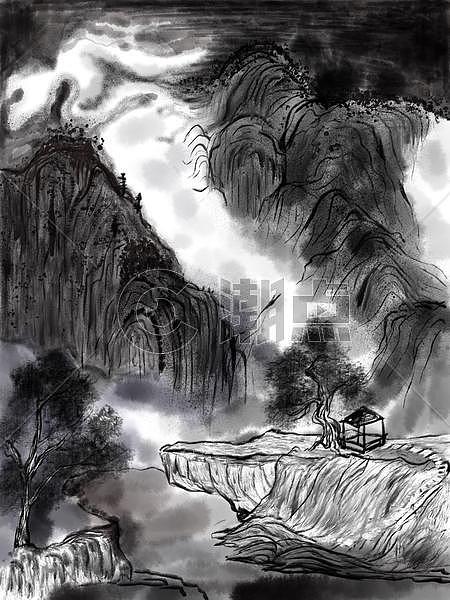 中国画山水水墨插画图片素材免费下载