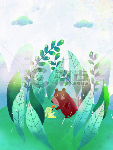春天 的稻田下雨后小兔和小熊在玩耍图片素材免费下载