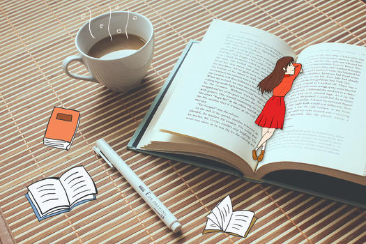 卡通小女孩悠闲趴在书本上摄影插画图片素材免费下载