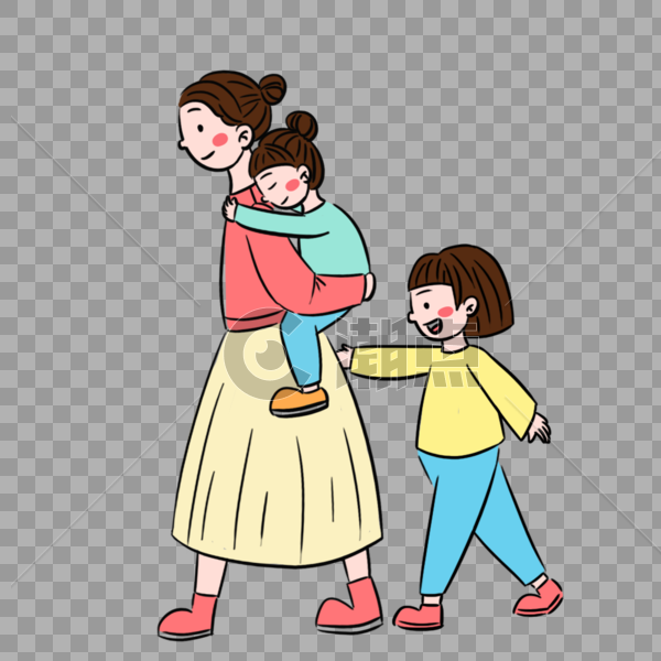 清新卡通母亲节母女三人场景元素图片素材免费下载