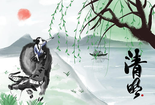 清明节牧童水牛杨柳树水墨插画图片素材免费下载