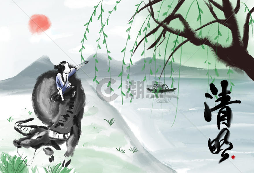 清明节牧童水牛杨柳树水墨插画图片素材免费下载