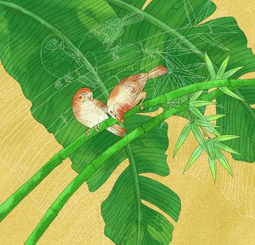 中国风国潮竹子芭蕉叶小鸟图图片素材免费下载