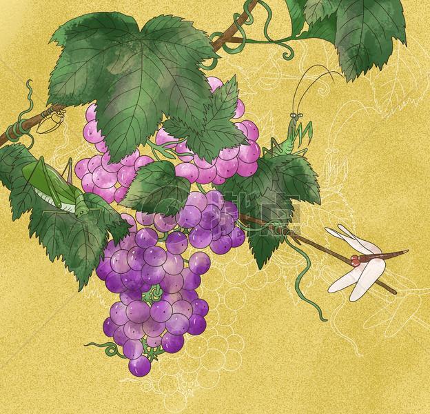 中国风国潮国画工笔葡萄虫图图片素材免费下载