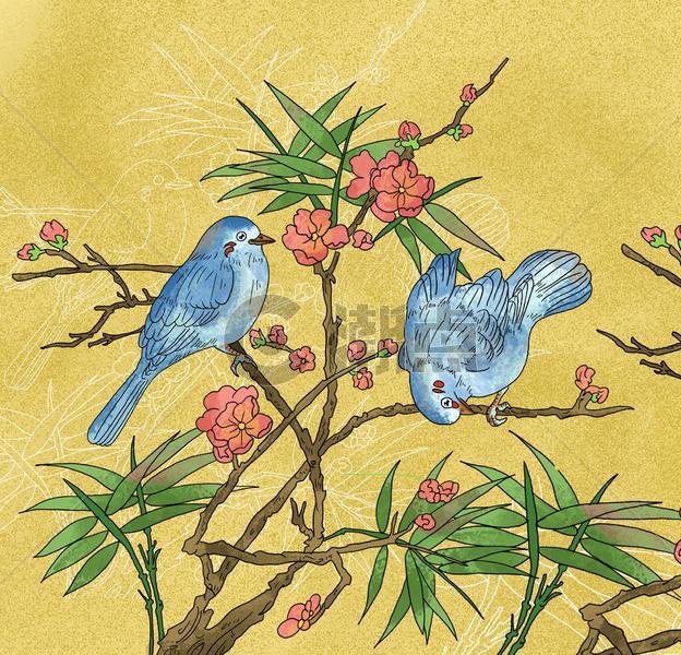 中国风国潮工笔画蓝色小鸟梅花图图片素材免费下载
