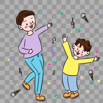 彩色卡通爸爸与孩子唱歌跳舞场景图片素材免费下载