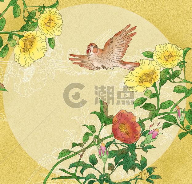 中国风国潮工笔菊花小鸟图图片素材免费下载