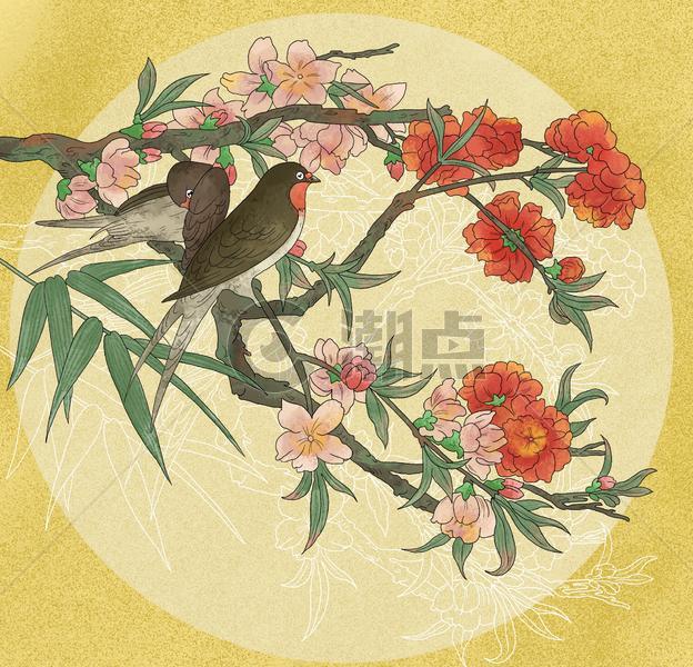 中国风国潮工笔桃花小鸟图图片素材免费下载