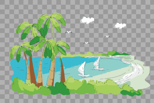 手绘卡通沙滩椰子树矢量图图片素材免费下载