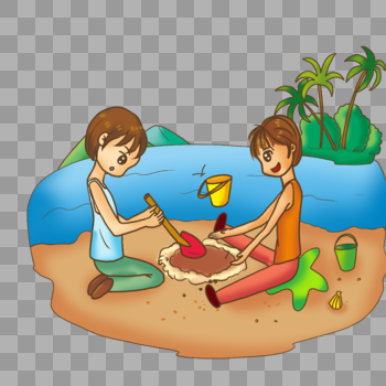 海边玩沙子的男孩女孩图片素材免费下载