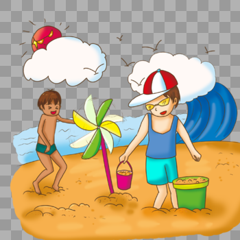 沙滩玩风车的男孩图片素材免费下载