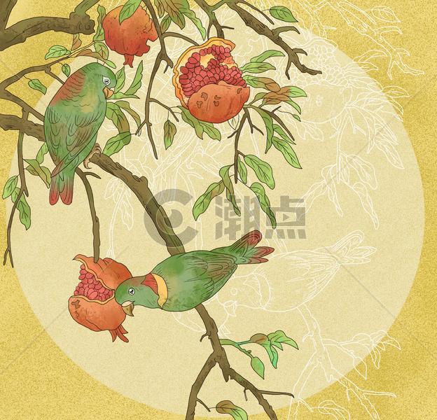 中国风国潮工笔鹦鹉石榴图图片素材免费下载