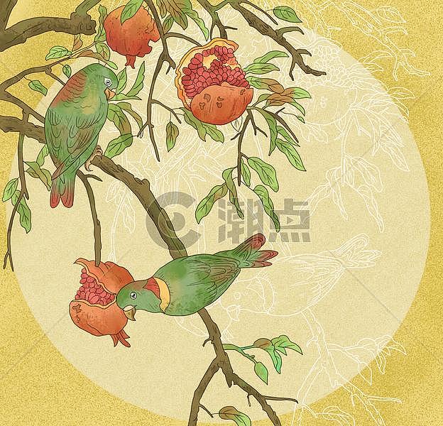 中国风国潮工笔鹦鹉石榴图图片素材免费下载