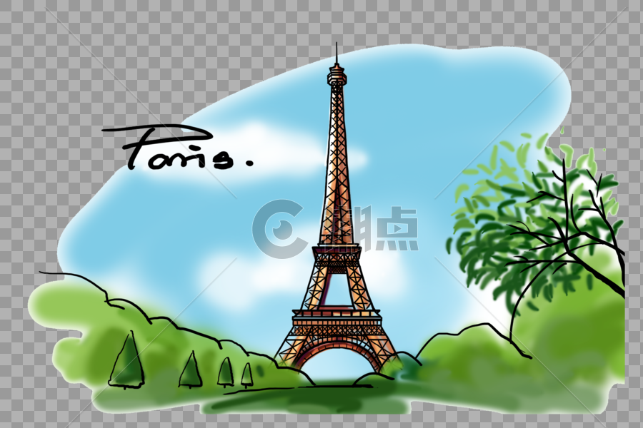 旅游城市法国巴黎地标埃菲尔铁塔风格手绘图片素材免费下载
