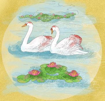 中国风国潮工笔双鹅戏水图片素材免费下载