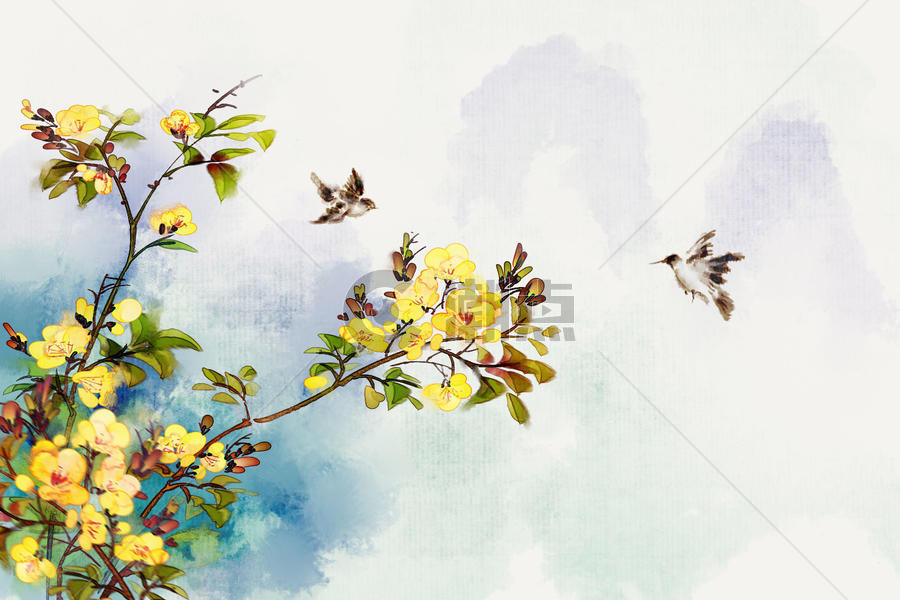 中国风水墨水彩花卉迎春花图片素材免费下载