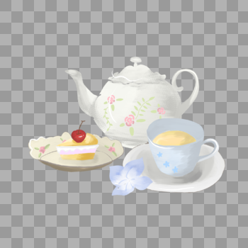 水彩手绘水壶茶杯蛋糕下午茶装饰图案图片素材免费下载
