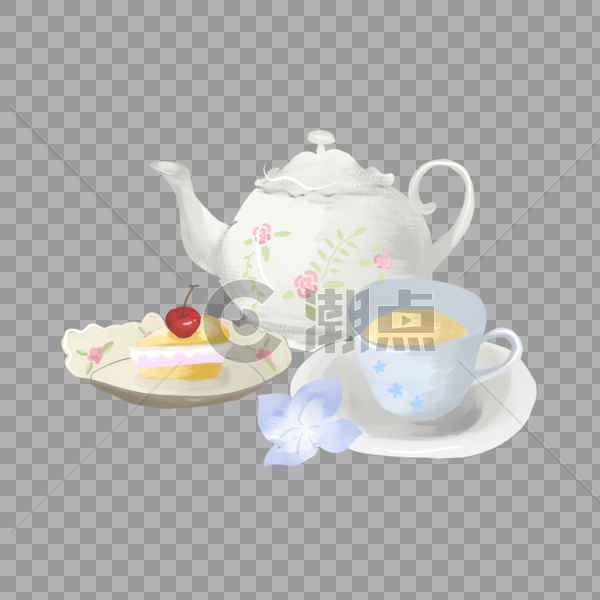 水彩手绘水壶茶杯蛋糕下午茶装饰图案图片素材免费下载