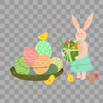 可爱复活节抱彩蛋的兔子小鸡花草图片素材免费下载