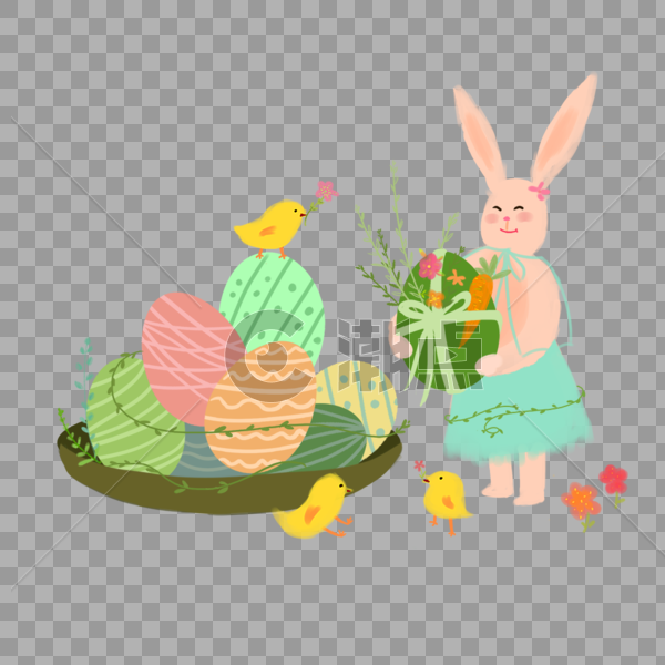 可爱复活节抱彩蛋的兔子小鸡花草图片素材免费下载
