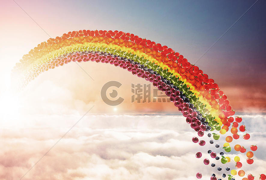 云端的果蔬彩虹桥图片素材免费下载