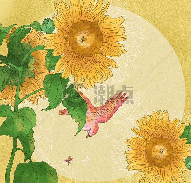 中国风国潮工笔向日葵花鸟花卉图图片素材免费下载