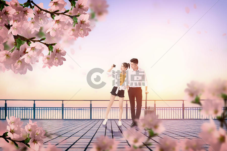 情侣旅行看樱花图片素材免费下载