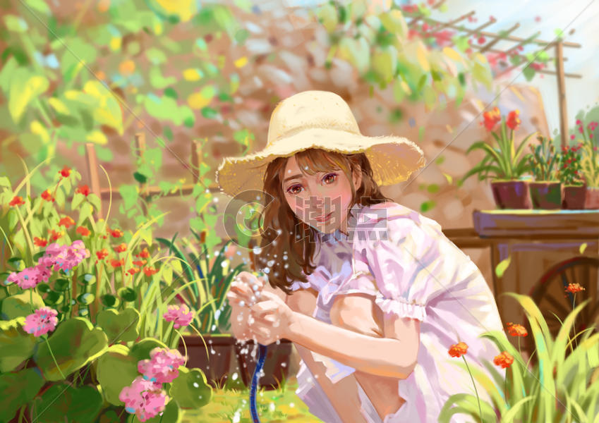 春天花园里的少女图片素材免费下载